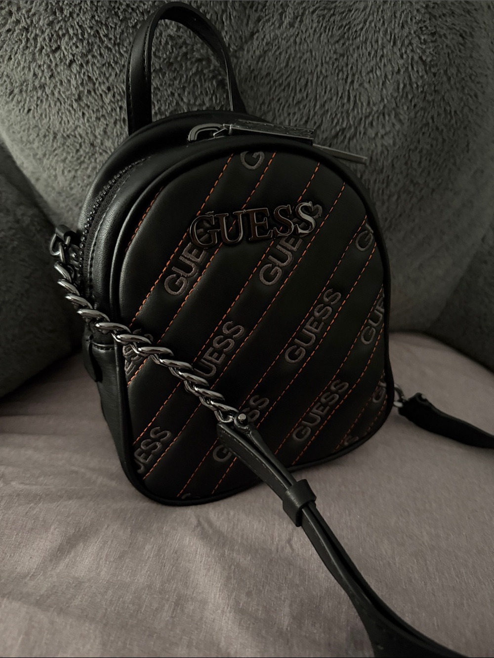 Guess Black Mini Quilted Crossbody with Orange Stitching Accent